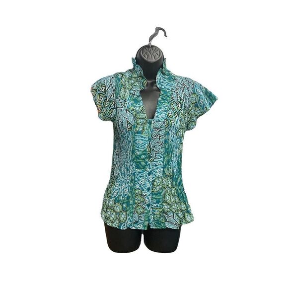 NEW DIRECTIONS, Women’s‎ stretchy aqua top, Size Small, cap sleeve, button front - Picture 1 of 5